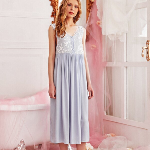 

Floral Embroidery Night Dress & Tie Front Robe, Blue and white