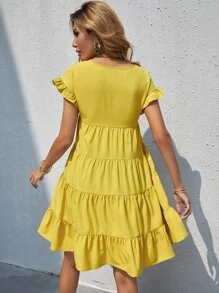 Vestido smock bajo con volante ribete con fruncido
