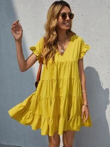 Vestido smock bajo con volante ribete con fruncido