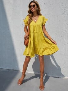 Vestido smock bajo con volante ribete con fruncido