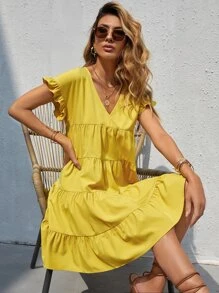 Vestido smock bajo con volante ribete con fruncido