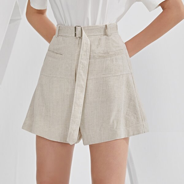 

Ring Buckle Belted Solid Wide Leg Shorts, Beige