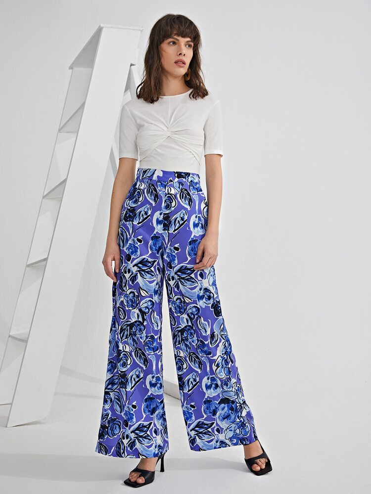 SHEIN 花卉寬腿褲子 - 彩色 - 查看 5