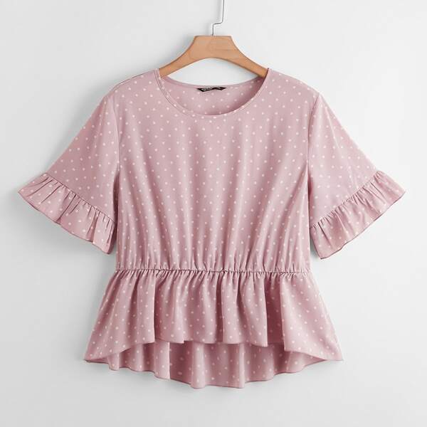 

Plus Polka Dot Flounce Sleeve Peplum Blouse, Dusty pink