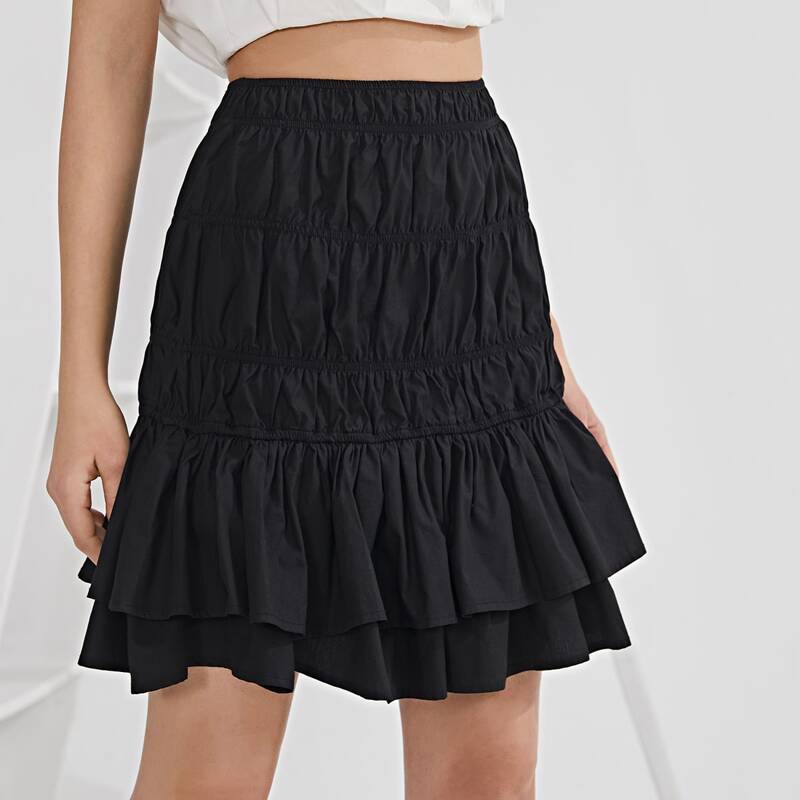

Ruffle Hem Shirred Skirt, Black