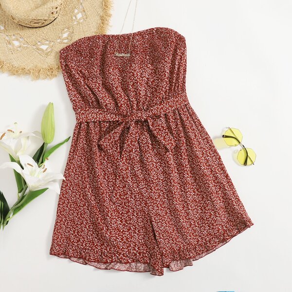 

Plus Ditsy Floral Self Tie Tube Romper, Redwood