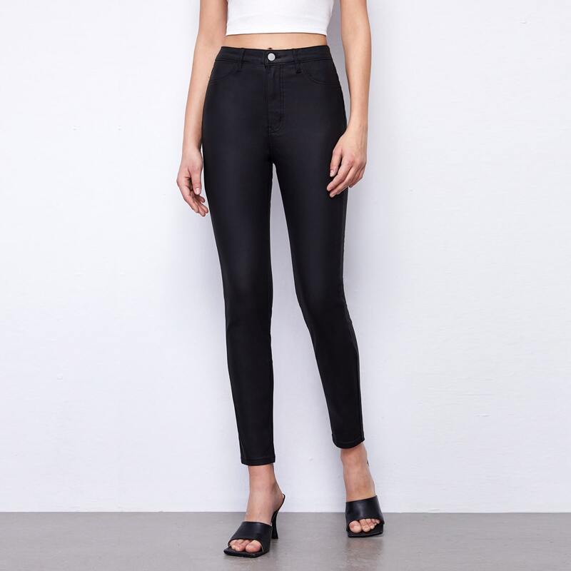 Coating High-Waist Denim Skinny Jeans, Black