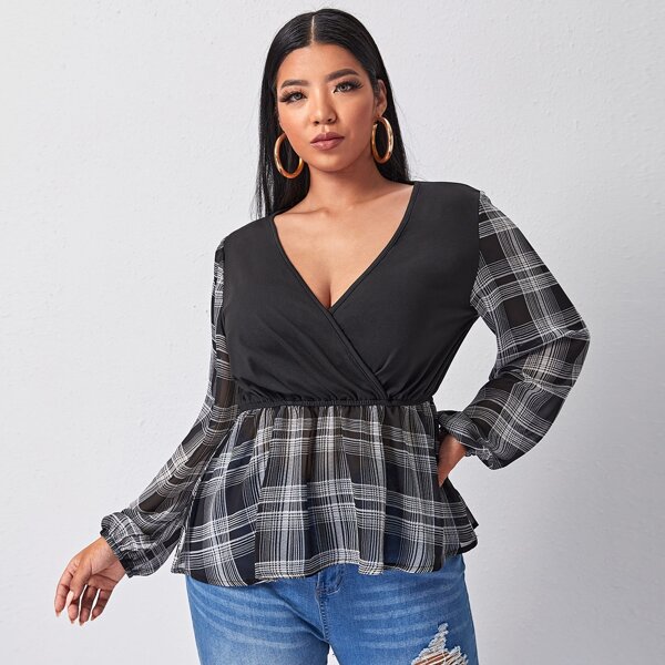 

Plus Plaid Surplice Front Ruffle Hem Top, Black and white