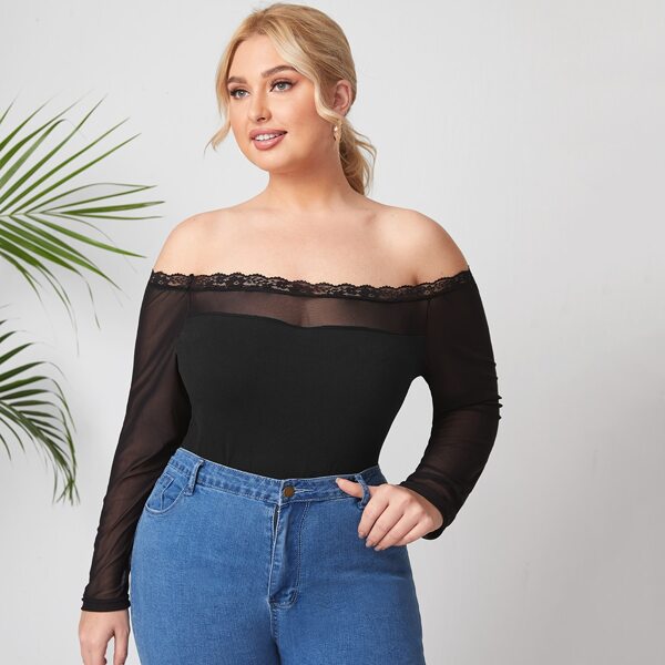 

Plus Contrast Mesh & Lace Top, Black