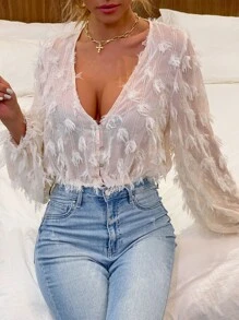 SHEIN Privé Fringe Overlay Chiffon Crop Blouse - Beige - View 5