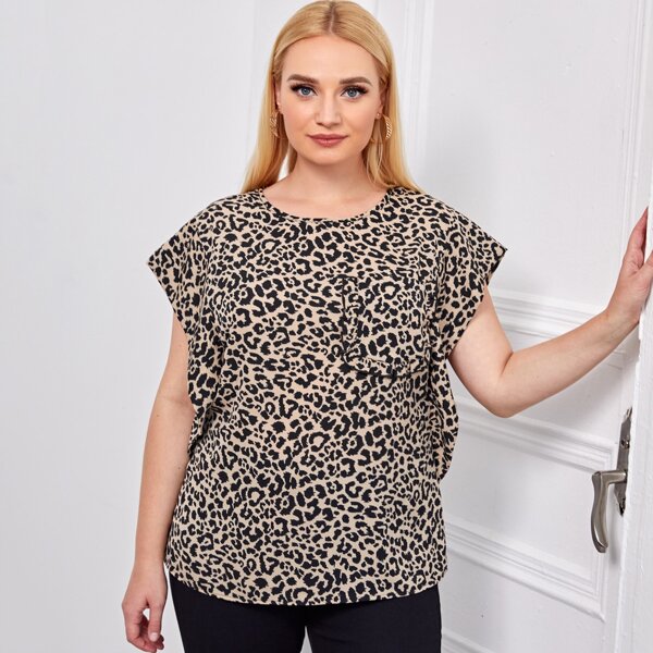 

Plus Leopard Print Pocket Patched Blouse, Multicolor