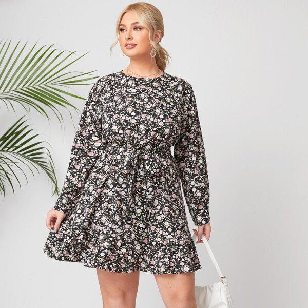 

Plus All Over Floral Print Ruffle Hem Belted Dress, Multicolor