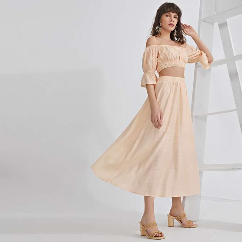 

Off Shoulder Flounce Sleeve Top & Skirt Set, Coral pink