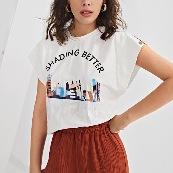 

Slogan Graphic Batwing Sleeve Top, White