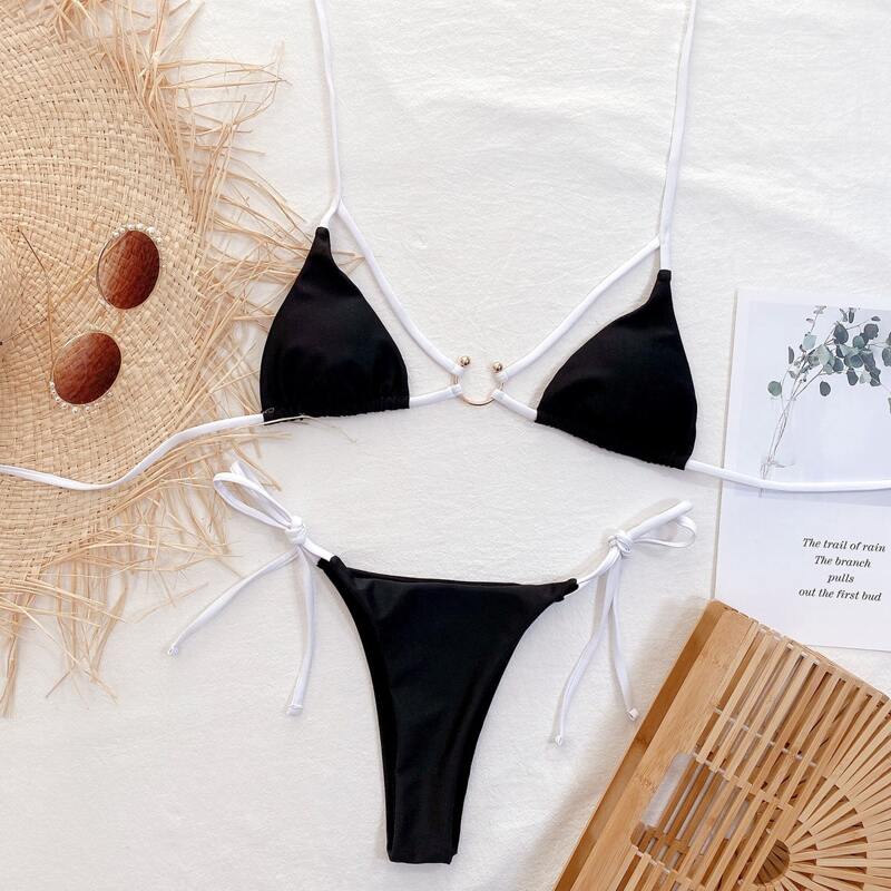 

Ring Linked Triangle Thong Bikini Swimsuit, Black