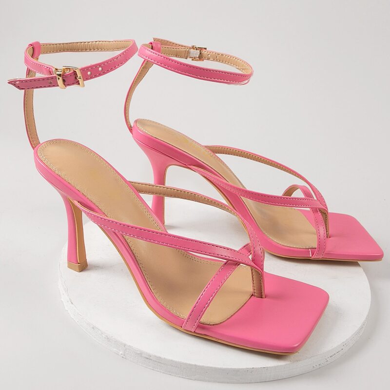 

Faux Leather Square Toe Ankle Strap Heels, Pink