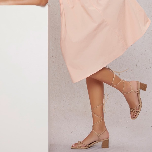 

Pleather Open-Toe Lace-Up Stacked Block Heels, Apricot