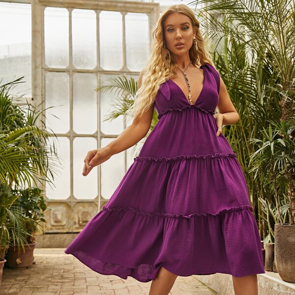 

Tie Shoulder Flounce Hem Dress, Purple