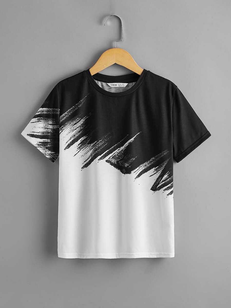 SHEIN Camiseta de cuello redondo de color combinado - Blanco y Negro - Ver 1