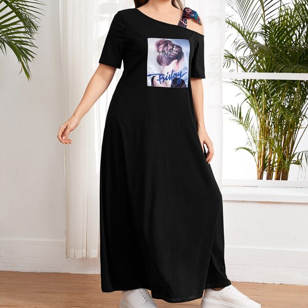 

Plus Tie Shoulder Figure Graphic Dress, Black