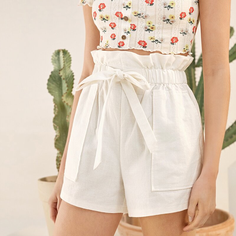 

Paper Bag Waist Tie Front Shorts, White