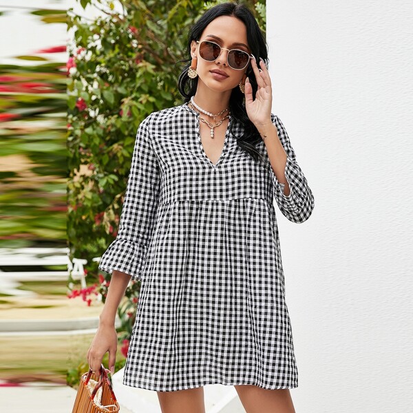 

Gingham Flounce Sleeve Smock Dress, Black and white