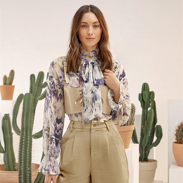 

Floral Tie Neck Flounce Sleeve Top Without Cami, Multicolor