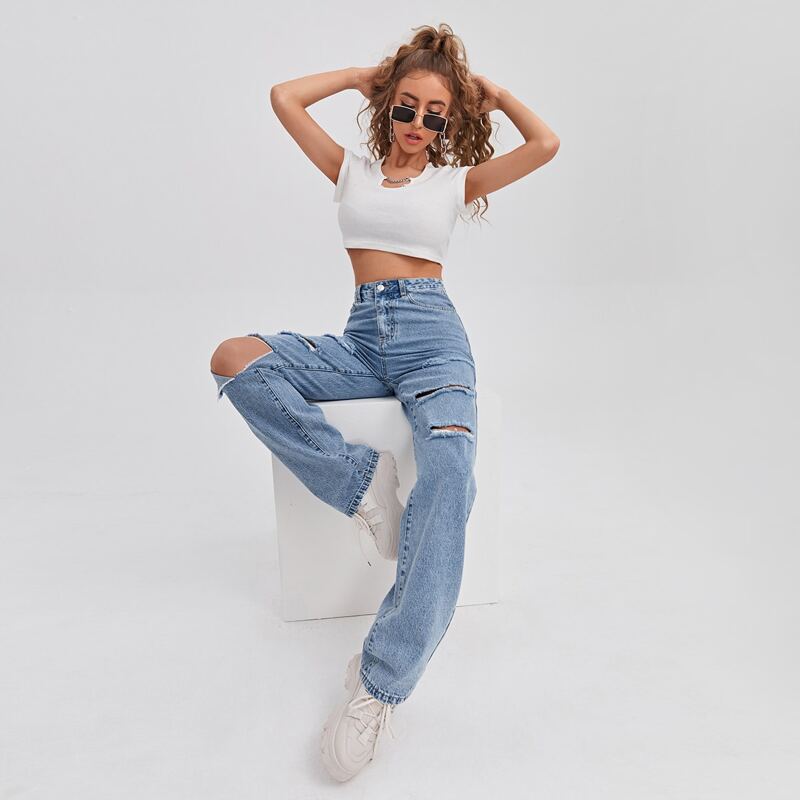 

High Waist Ripped Straight Jeans, Light wash