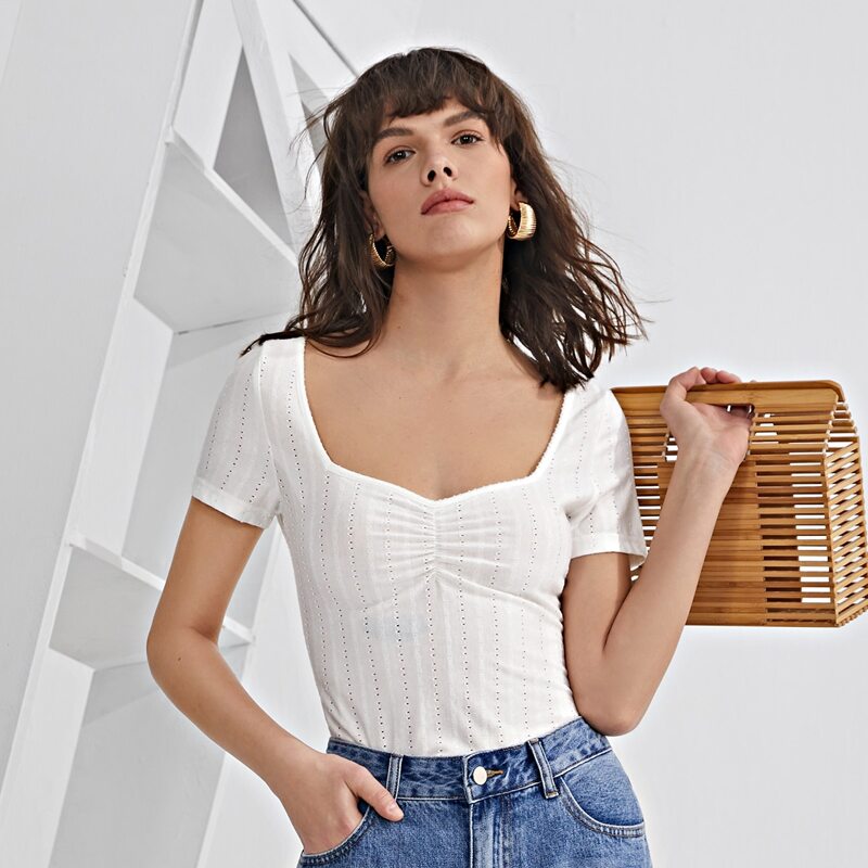 

Sweetheart Neck Zip Side Pointelle Knit Tee, White