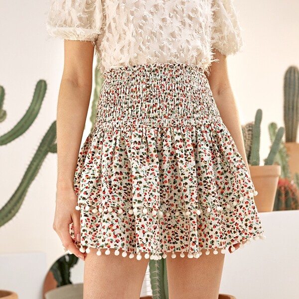 

Ditsy Floral Pom Pom Trim Shirred Skirt, Multicolor