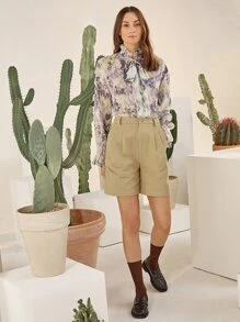 SHEIN High Waist Wide Leg Shorts - Khaki - View 3