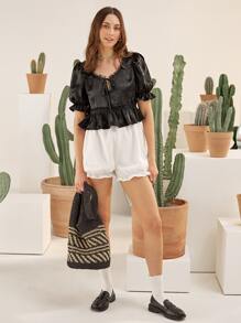 SHEIN Top bajo con fruncido de manga farol - Negro - Ver 4