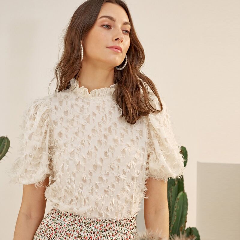 

Frill Neck Puff Sleeve Jacquard Top, Beige