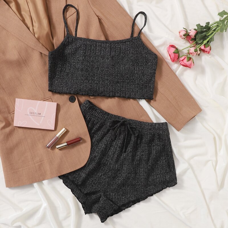 

Marled Lettuce Trim Cami PJ Set, Dark grey