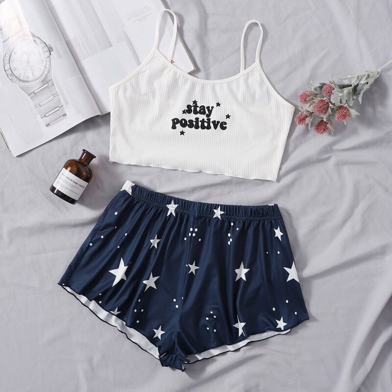 

Letter And Galaxy Print Cami PJ Set, Blue and white