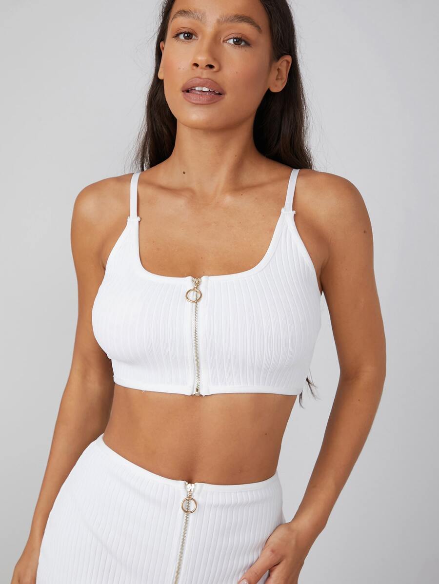 SHEIN Unity Top con cremallera de canalé de spandex - Blanco - Ver 1