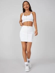 SHEIN Unity Top con cremallera de canalé de spandex - Blanco - Ver 4