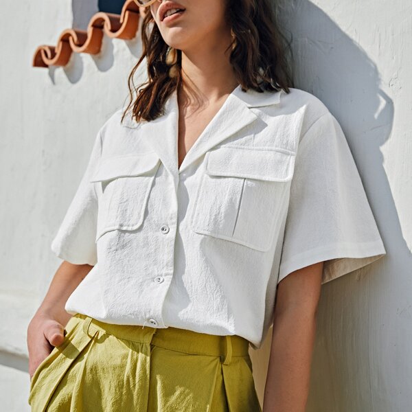 

Flap Pocket Button Front Blouse, White