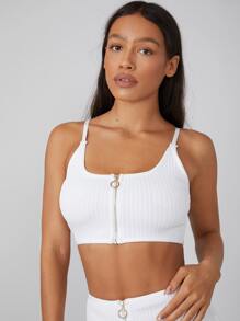 SHEIN Unity Top con cremallera de canalé de spandex - Blanco - Ver 7