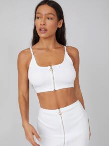 SHEIN Unity Top con cremallera de canalé de spandex - Blanco - Ver 8