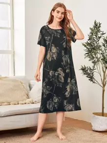 Vestido de dormir largo con estampado floral - Negro - Ver 1