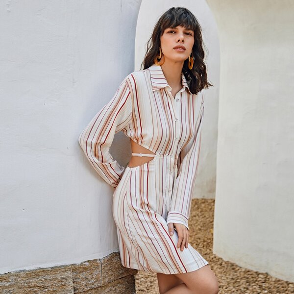 

Button Front Cut-out Back Striped Dress, Multicolor