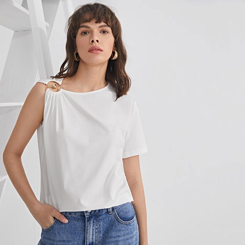 

O-ring Detail Cut-out Asymmetrical Neck Tee, White