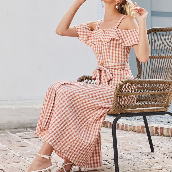 

Gingham Ruffle Trim Button Up Belted Dress, Multicolor