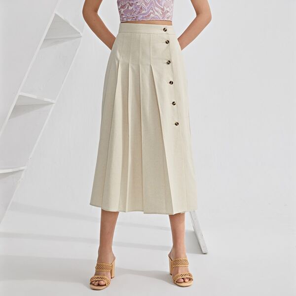 

Buttoned Front Pleated Skirt, Beige