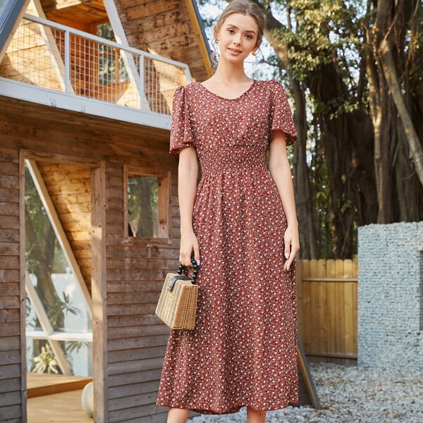 

Ditsy Floral Shirred Waist A-line Dress, Burgundy