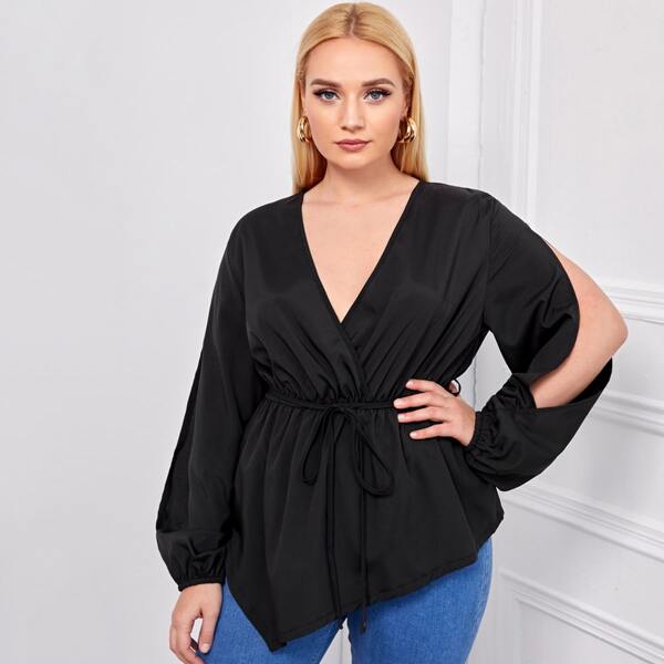 

Plus Split Sleeve Knot Front Surplice Blouse, Black