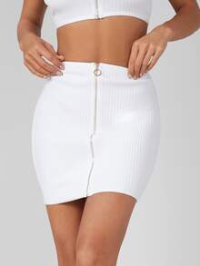 SHEIN Falda ajustada tejida de canalé de spandex - Blanco - Ver 9