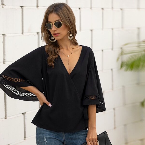 

Flounce Sleeve Cut Out Wrap Blouse, Black