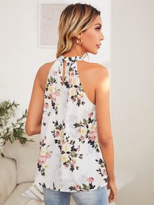 SHEIN Keyhole Neck Flowy Hem Floral Halter Top - White - View 2